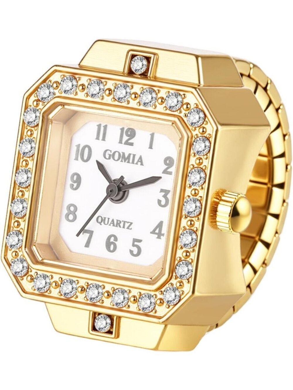 Unisex Gold White Quartz Stainless Steel Elastic Band Square Finger Ring Watch